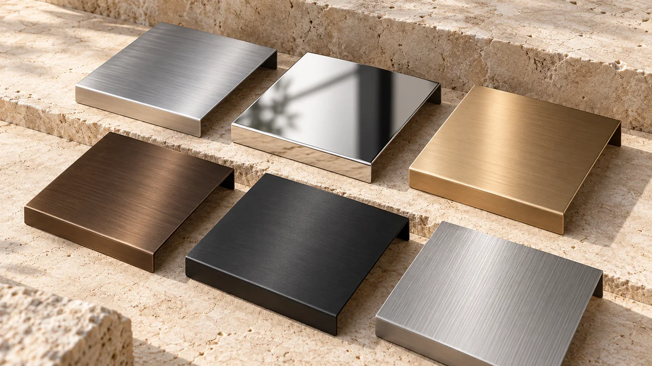 Concept Rendering of six illustrative silver, champagne, bronze and black metal finish plates