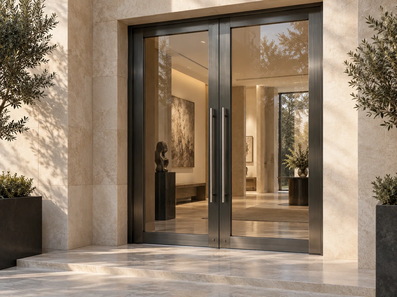 Concept Rendering of slim dark stainless steel double glass entrance doors with vertical pull handles
