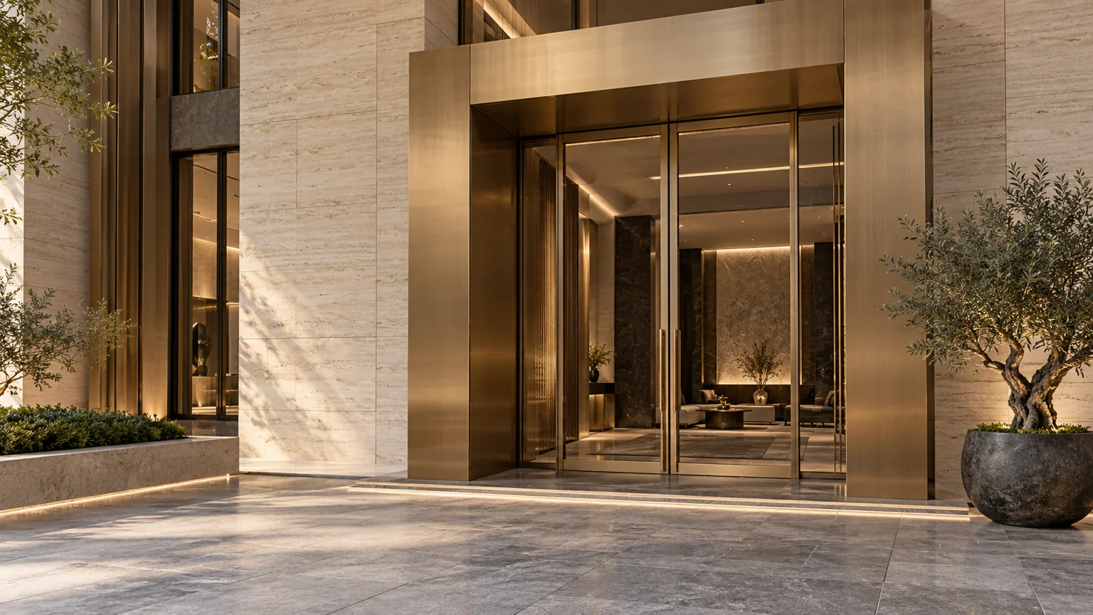 Original architectural concept of a champagne bronze metal entrance portal with slim glass doors and travertine walls